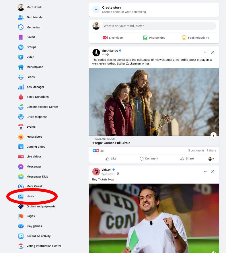 Ein Screenshot von Facebook, wie es heute existiert, mit rot eingekreistem News-Tab. 