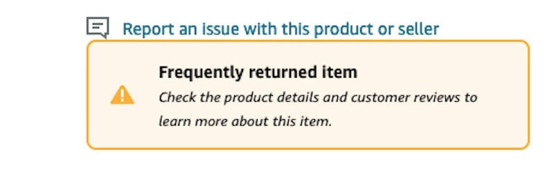 Screenshot von Amazon, der die Warnung zeigt, die Verbraucher jetzt sehen, dass die Apple-FineWoven-Hülle ein Produkt ist,das häufig zurückgesendet wird. 