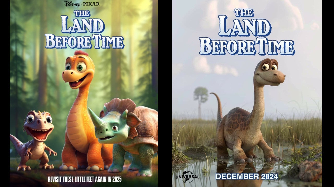 Gefälschte Filmplakate für ein Remake von „Im Land vor unserer Zeit“, die fälschlicherweise als bevorstehende Veröffentlichungen von Universal bzw. Disney/Pixar angepriesen werden.