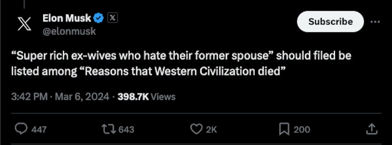 Der inzwischen gelöschte Tweet des Milliardärs Elon Musk, der am 6. März 2024 gesendet wurde.