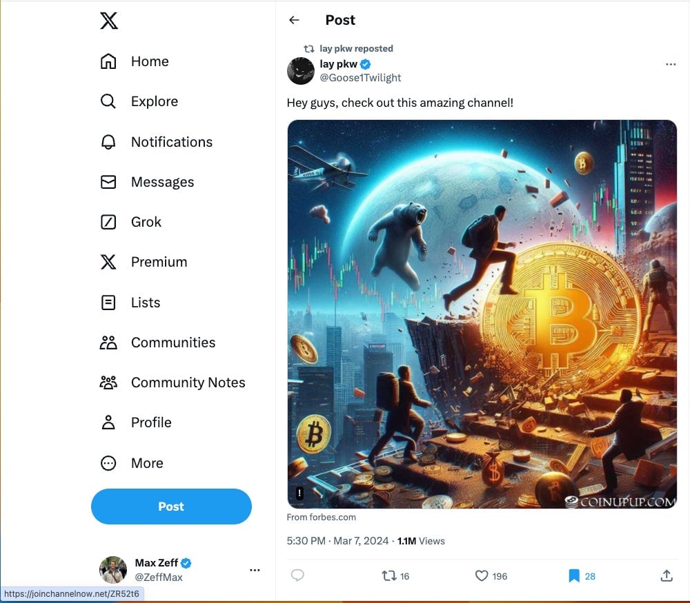 Ein irreführender Beitrag auf X. Die Vorschau von Google Chrome in der linken Ecke zeigt, dass dies nicht an Forbes.com geht.