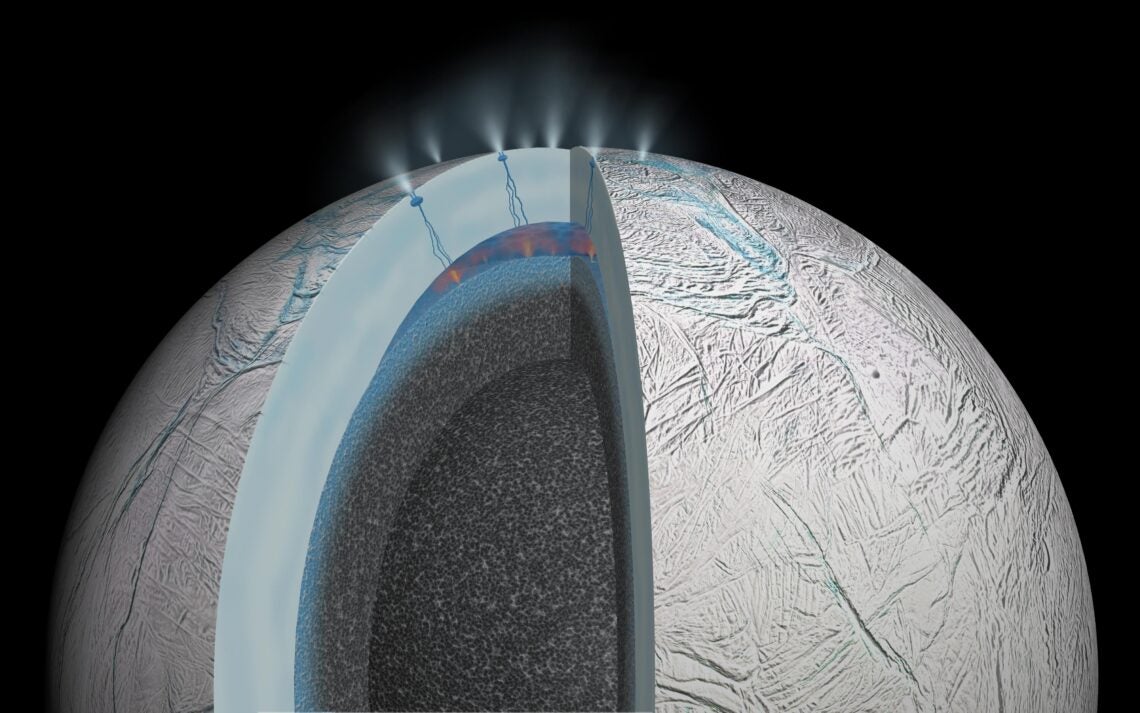 Künstlerische Darstellung des Saturnmonds Enceladus mit hydrothermaler Aktivität auf dem Meeresboden und Rissen in der Eiskruste des Monds, die Material aus dem Wasser freisetzen Innenraum, der in den Weltraum geschossen werden soll