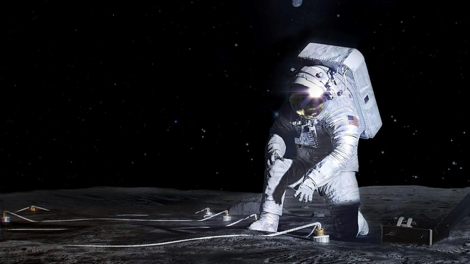 Das Konzept eines Künstlers zeigt, wie ein Artemis-Astronaut ein Instrument auf der Mondoberfläche einsetzt.