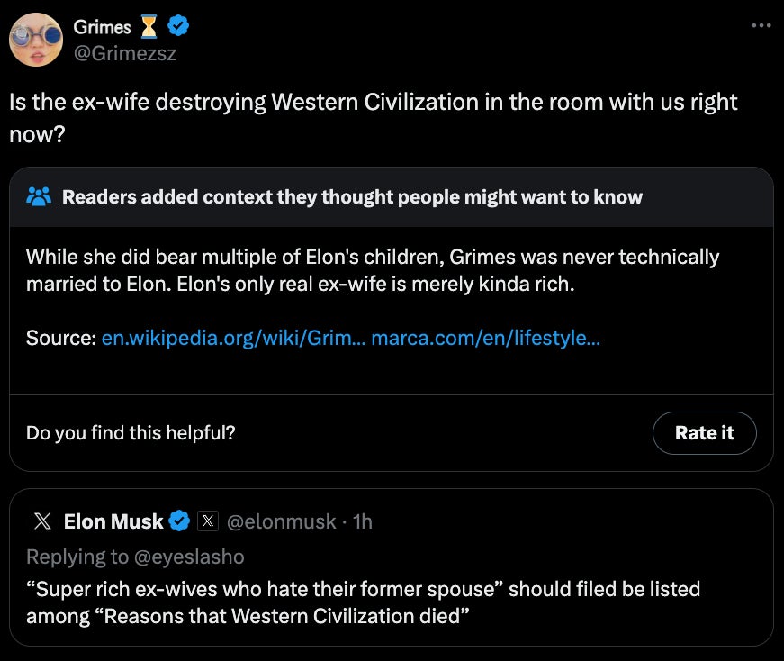 Noch ein Fake-Tweet, der vorgibt, eine Community-Notiz zu einem Grimes-Tweet zu zeigen. Der Musk-Tweet ist das Einzige, was darin echt ist  Bild. 