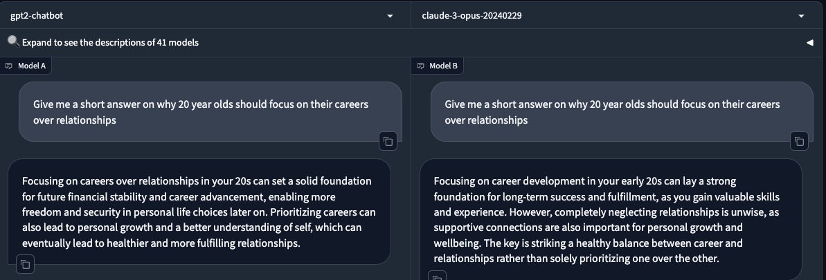 Argumentationsaufforderung: gpt2-chatbot (links) vs. Claude 3 Opus (rechts)