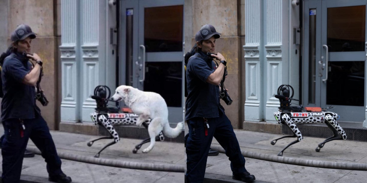 Das manipulierte Bild, das viral geht (links) und das Originalfoto, das auf der Facebook-Seite der New Yorker Feuerwehr gepostet wurde. 