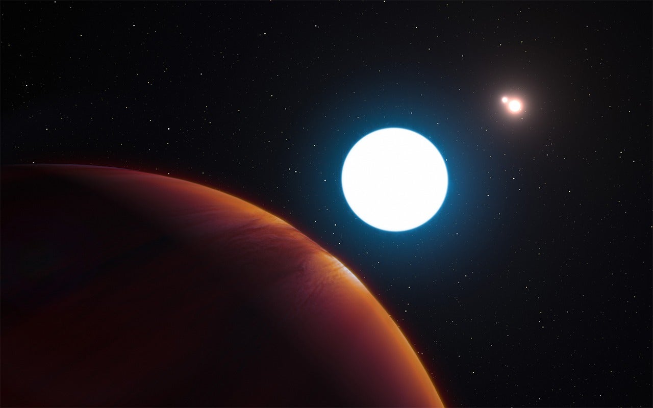 Künstlerische Darstellung eines Planeten, der zu einem Drei-Sterne-System gehört. 