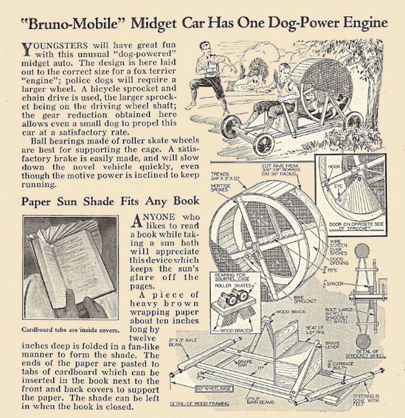 Auszug aus der Juni-Ausgabe 1934 des Magazins Modern Mechanix über einen „hundebetriebenen Motor“ 