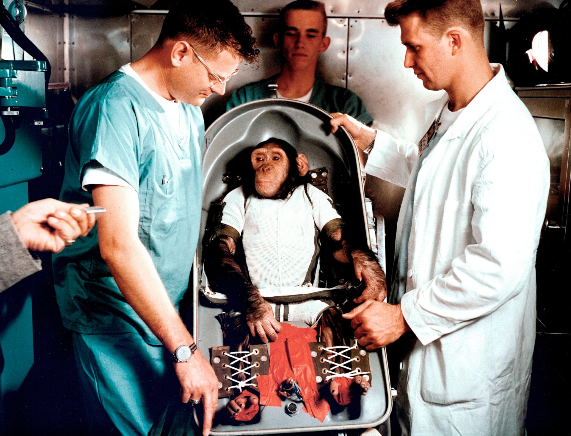 Ham, der junge Schimpanse, mit Trainern in Cape Canaveral, Florida, am 31. Januar 1961.