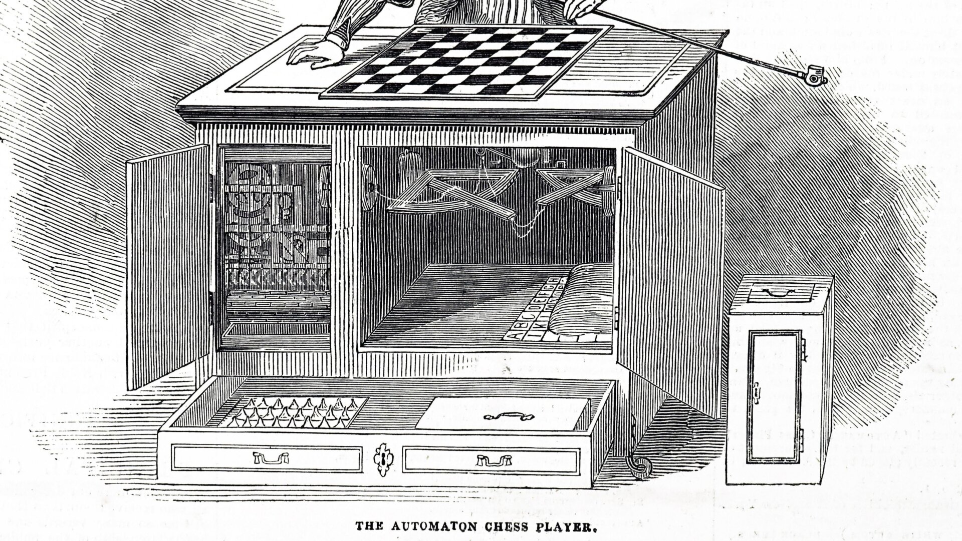 Eine Zeichnung des mechanischen Türken, die es einem kleinen, erfahrenen Schachspieler ermöglichte, hineinzuklettern und das Spiel zu spielen, indem er sich als Maschine ausgab .