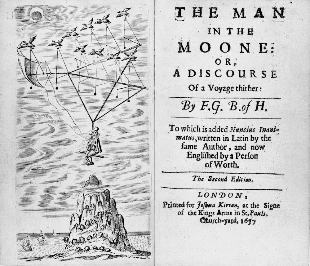 Das Frontispiz und die Titelseite der zweiten Ausgabe von Francis Godwins „Man in the Moon“.