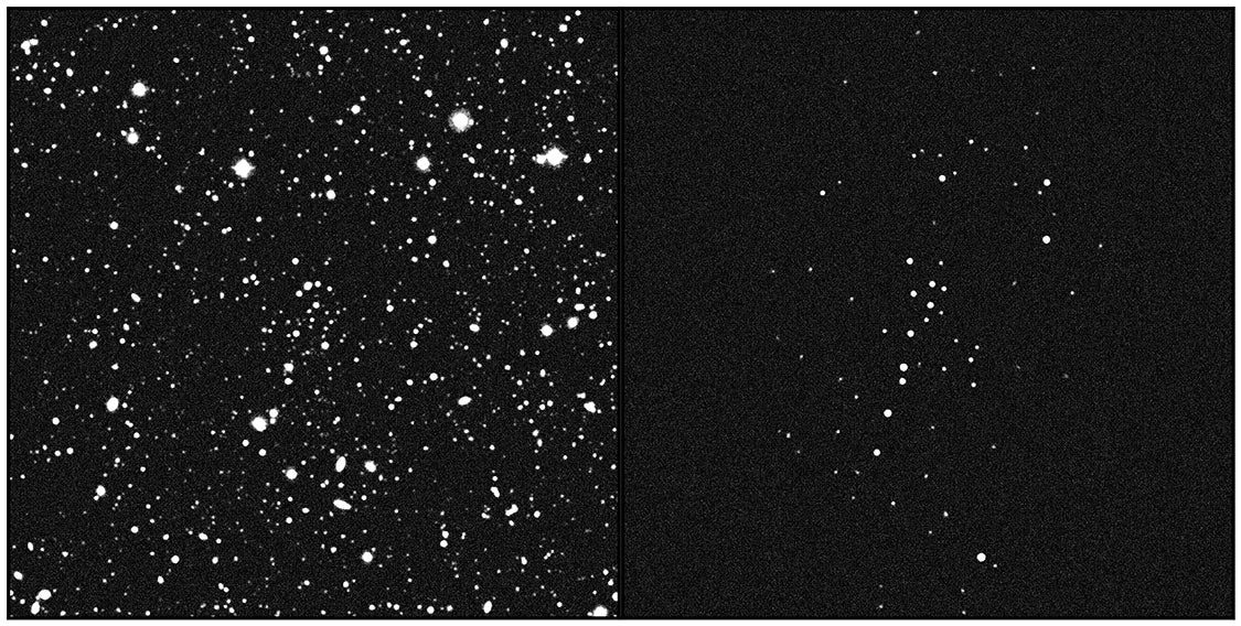 Ein Deep-Sky-Bild der Region, in der sich der Sternhaufen befindet (links) und des Haufens selbst (rechts).