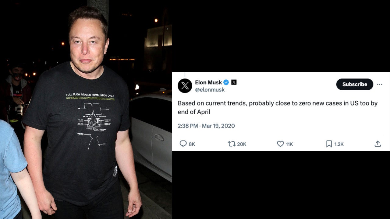 Elon Musk am 25. September 2020 in Los Angeles, Kalifornien (links) und Musks Tweet vom 19. März 2020. 