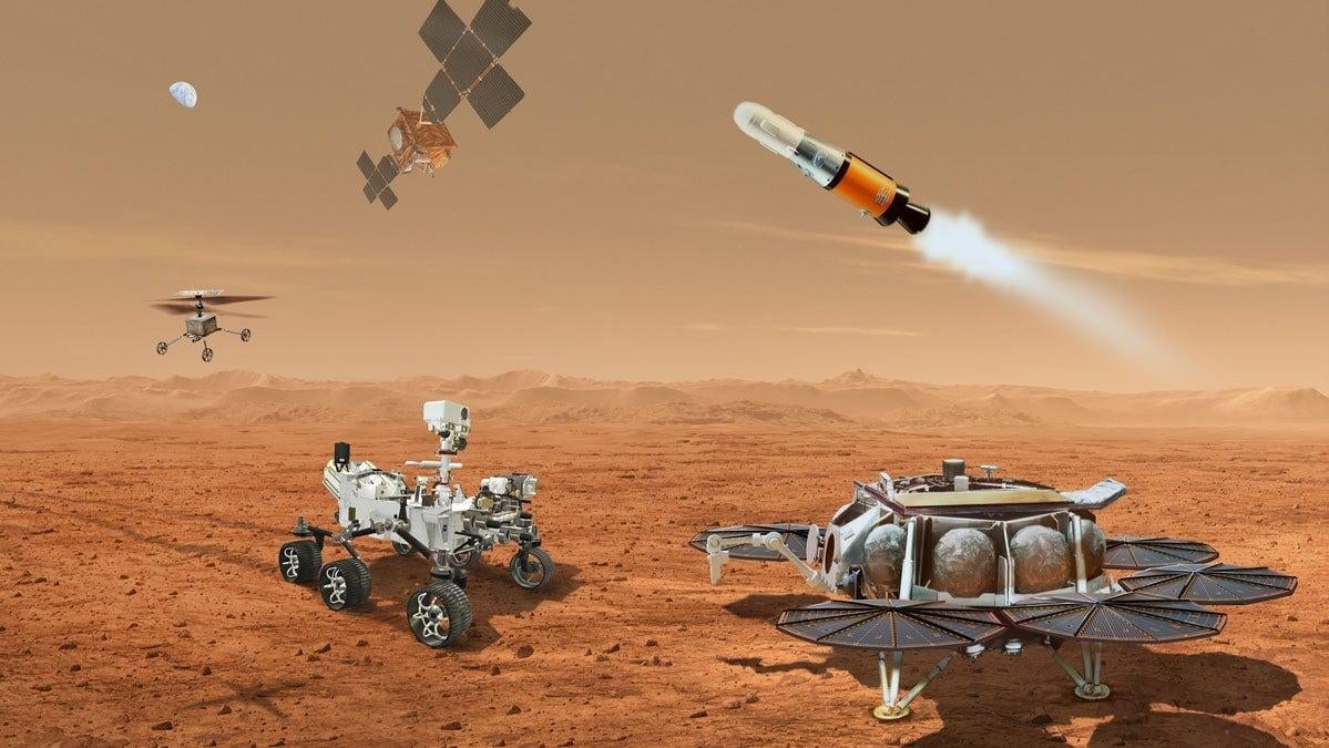 Eine künstlerische Darstellung der Mars Sample Return-Flotte auf der Oberfläche des Roten Planeten.