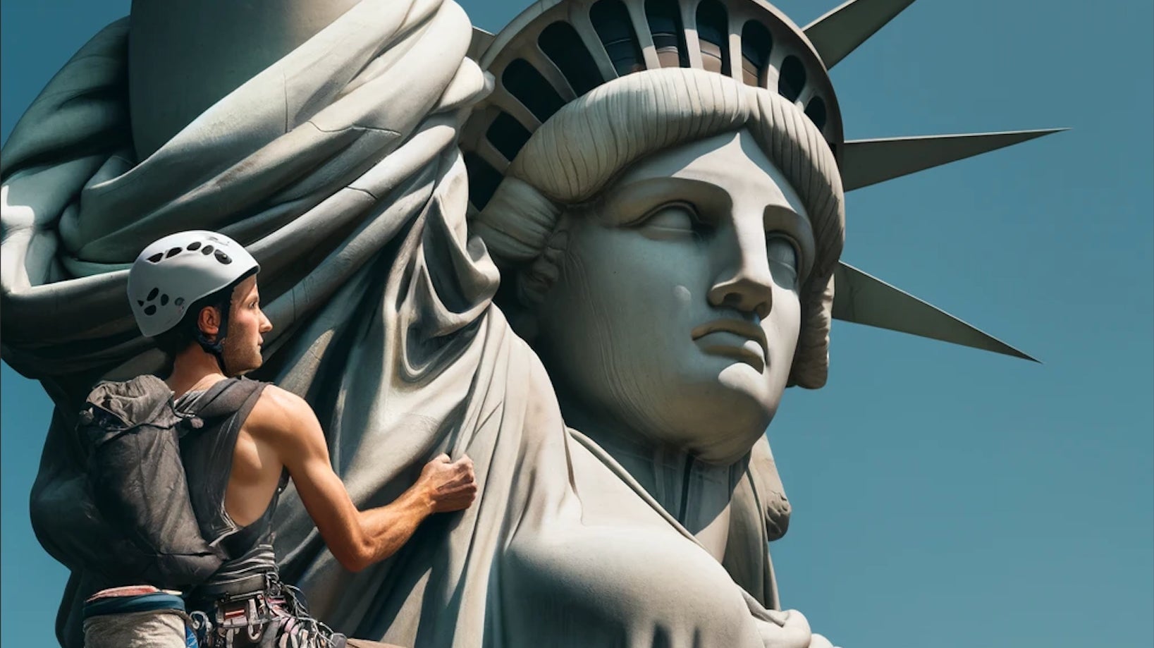 KI-generiertes Bild eines Kletterers, der die Freiheitsstatue besteigt.