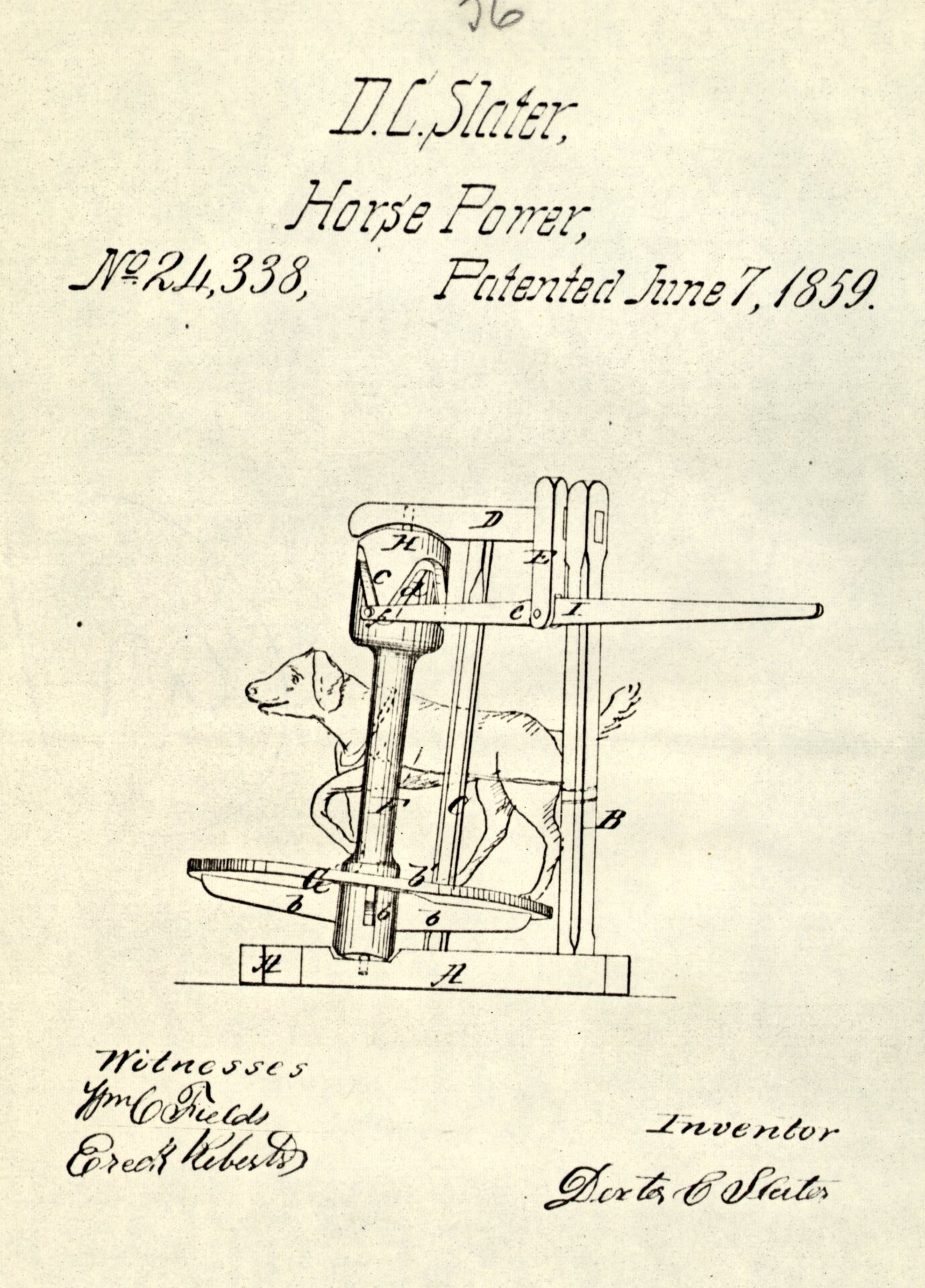 Dexter C Slaters patentierte Hundekraftmaschine, Patent-Nr. 24338. Der Hund läuft um eine sich drehende Scheibe herum, um genügend Kraft für den Betrieb einer Reihe kleiner Maschinen bereitzustellen. 