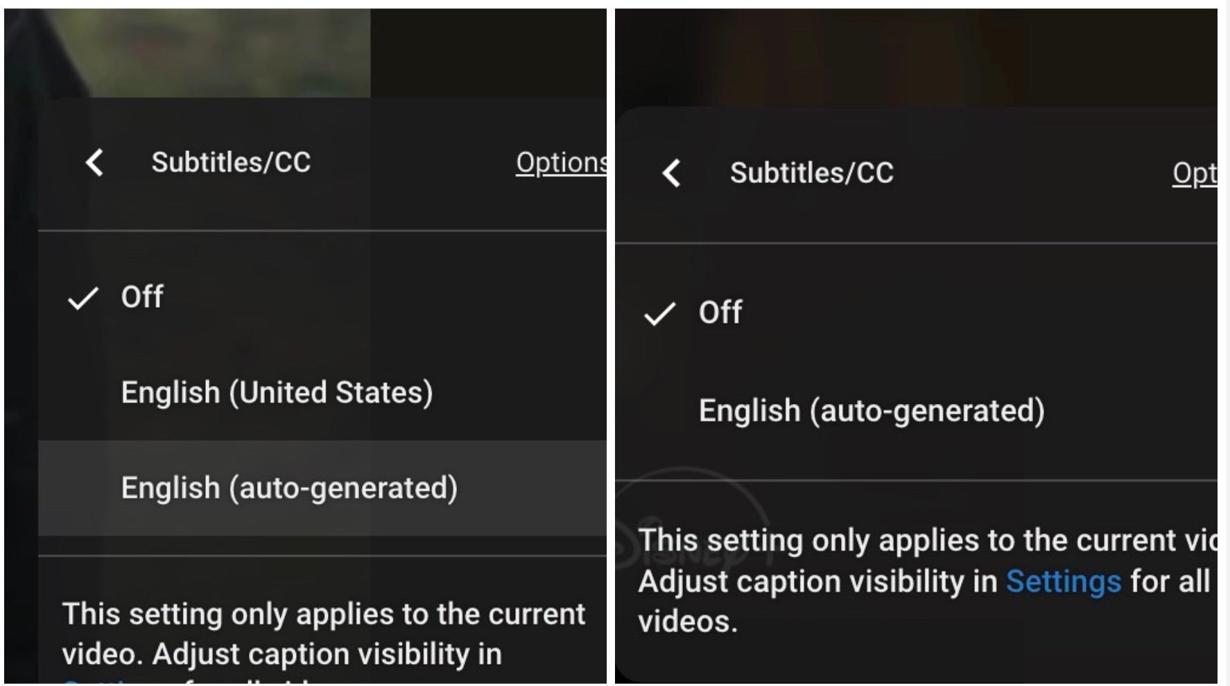 Links: Die Untertiteleinstellung für jedes andere Video Star Wars YouTube. Richtig, die Einstellungen unter „Plan“