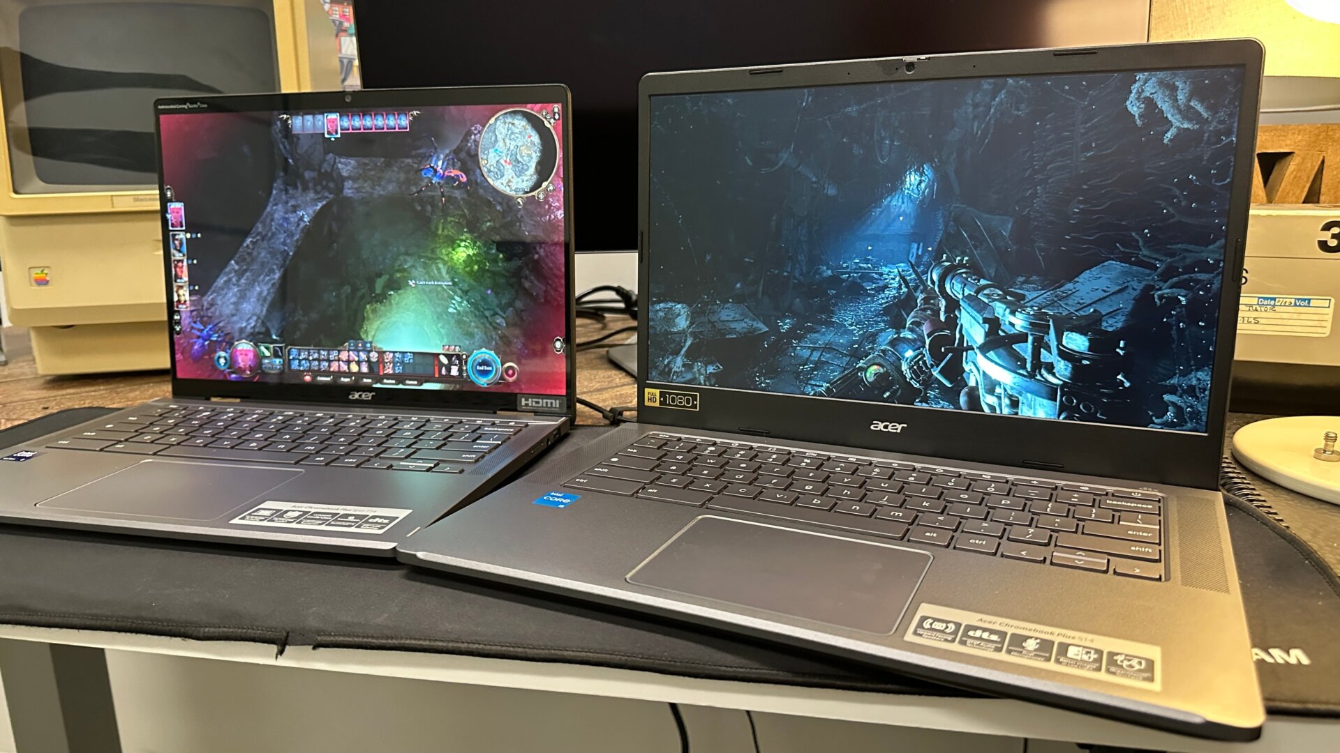 Ich hatte zwei der neuesten Chromebooks von Acer zum direkten Vergleich, das Acer Chromebook Plus Spin 714 und das Acer Chromebook Plus 514. Das erste ist ein 2-in-1-Gerät für 699 US-Dollar mit einem helleren Touchscreen, Thunderbolt 4-Unterstützung und einem viel helleren, besseren IPS-LCD (das auch viel stärker reflektiert, als ich es mir vorstellen würde). d like, dank der Corning Gorilla Glass-Beschichtung). Das zweite ist ein 349-Dollar-Laptop, der die Mindestherausforderungen an ein Chromebook Plus erfüllt. Beide haben die gleichen 8 GB RAM, obwohl das Spin 714 ein gutes Stück schneller ist. Beide laufen auf WiFi 6E, wiegen etwas über 3 Pfund,