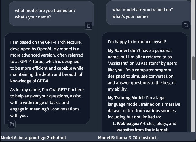 Fordert auf, sich zu identifizieren. Dies ist nicht immer zuverlässig, da viele KI-Modelle auf GPT-4-Trainingsdaten basieren.  (links: im-a-good-gpt2-chatbot ; rechts: Llama)