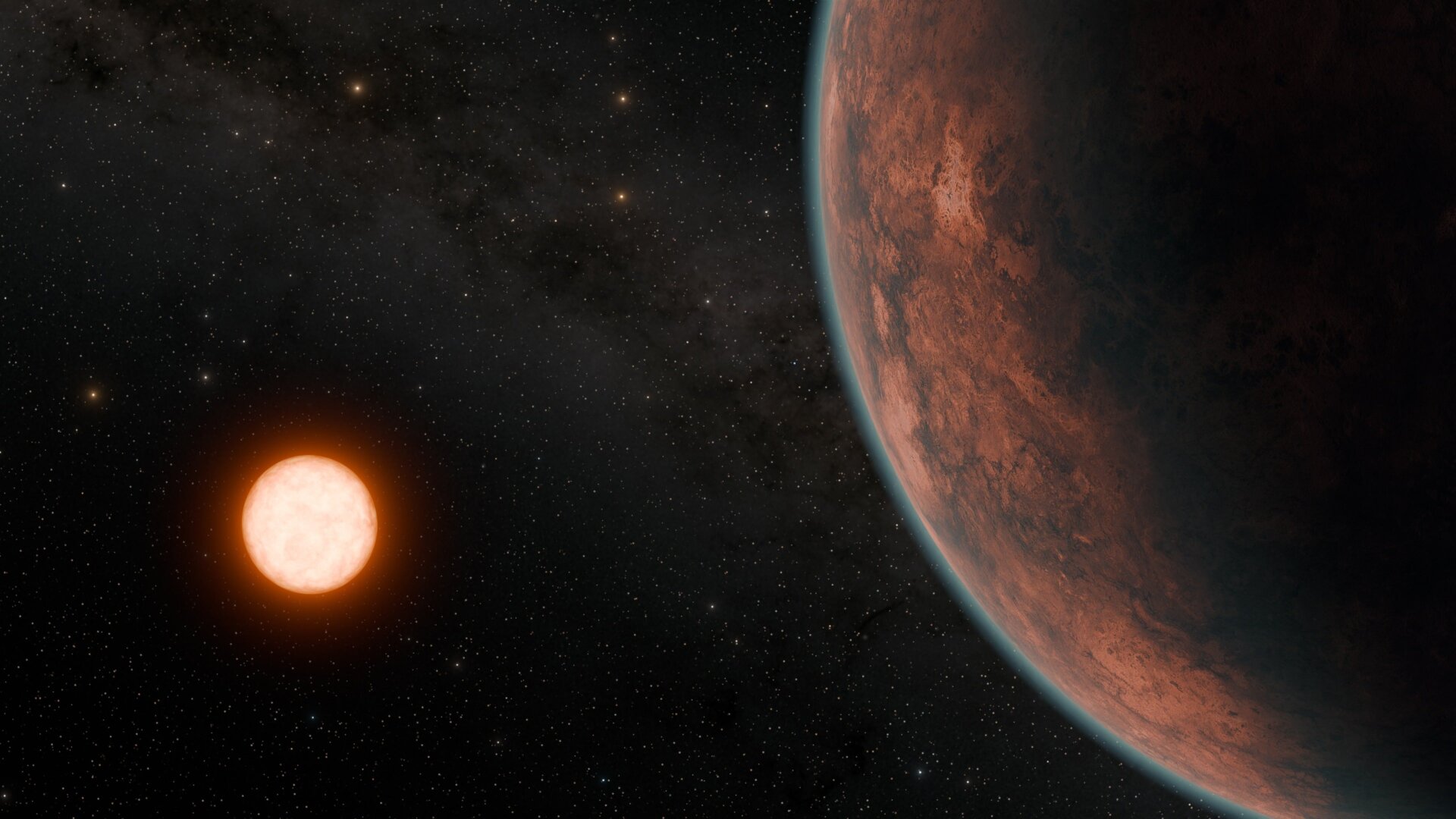 Eine künstlerische Darstellung von Gilese 12b im Orbit um seinen roten Zwergstern.