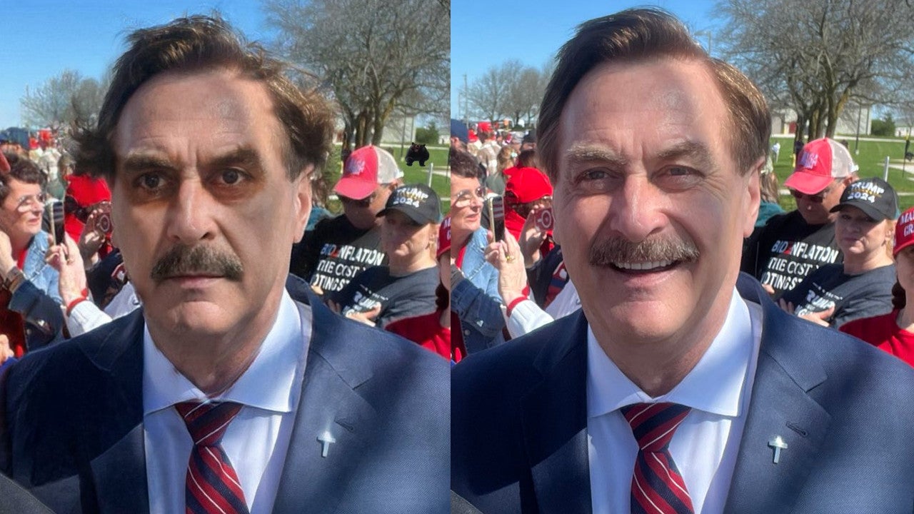Das veränderte Bild von Mike Lindell (links) zusammen mit dem Originalbild von ihm bei einer Trump-Kundgebung in Wisconsin am 1. Mai 2024. 