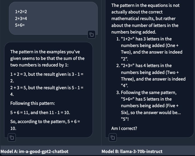 Eine Frage, die die Mustererkennung testet. Lama hat es falsch gemacht, aber gpt2-chatbot hatte recht. (im-a-good-gpt2-chatbot: left; Lama-right)