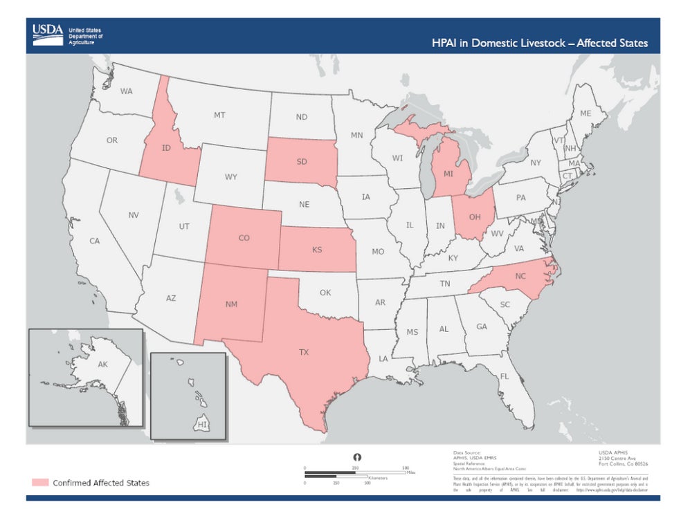 Bundesstaaten mit Infektionen mit H5N1 bei Milchkühen, gemäß den neuesten Daten des US-Landwirtschaftsministeriums. 