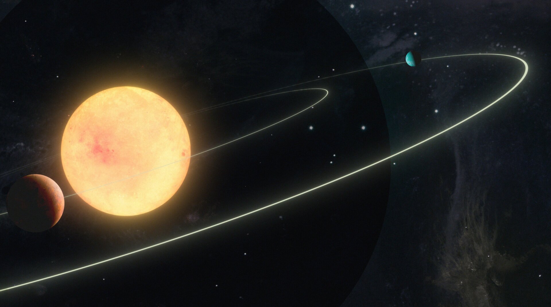 Eine Illustration von TOI-1798, einem Sternensystem mit zwei Planeten, von denen einer eine Supererde ist, die ihrem Stern so nahe ist, dass ein Jahr auf dieser fremden Welt einem halben Erdentag entspricht.
