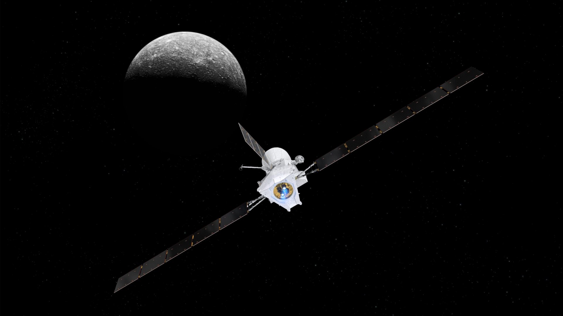 Künstlerische Darstellung der Raumsonde BepiColombo mit Blick auf Merkur im Hintergrund.