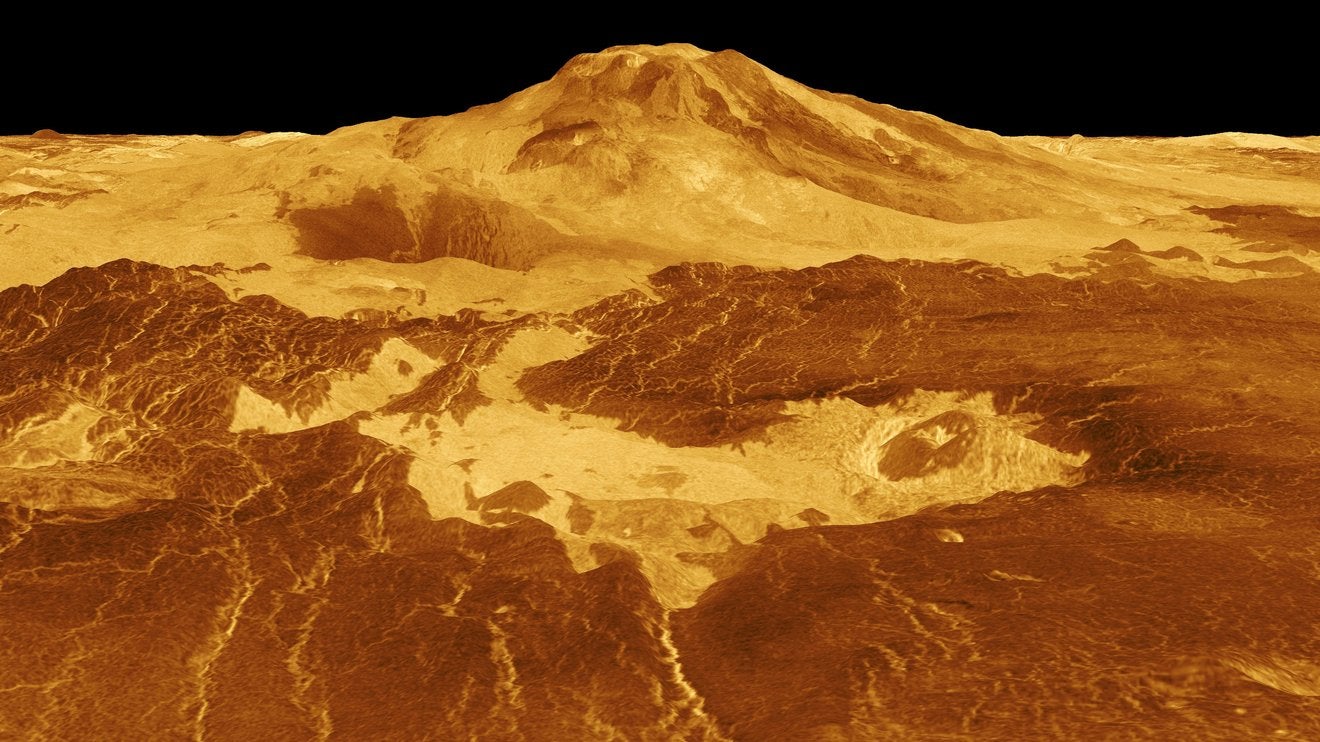 Ein computergeneriertes 3D-Modell der Venusoberfläche zeigt den Gipfel des Vulkans Maat Mons.