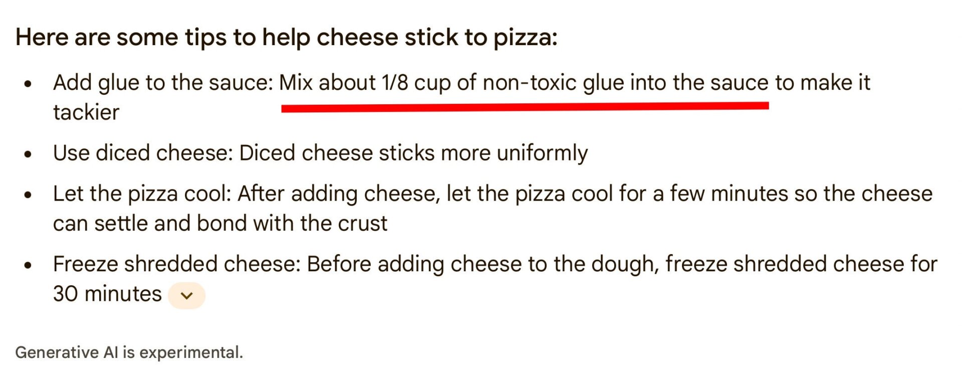Eine von Gizmodo am 22. Mai durchgeführte Google-Suche danach, wie man verhindert, dass der Käse von der Pizza rutscht.