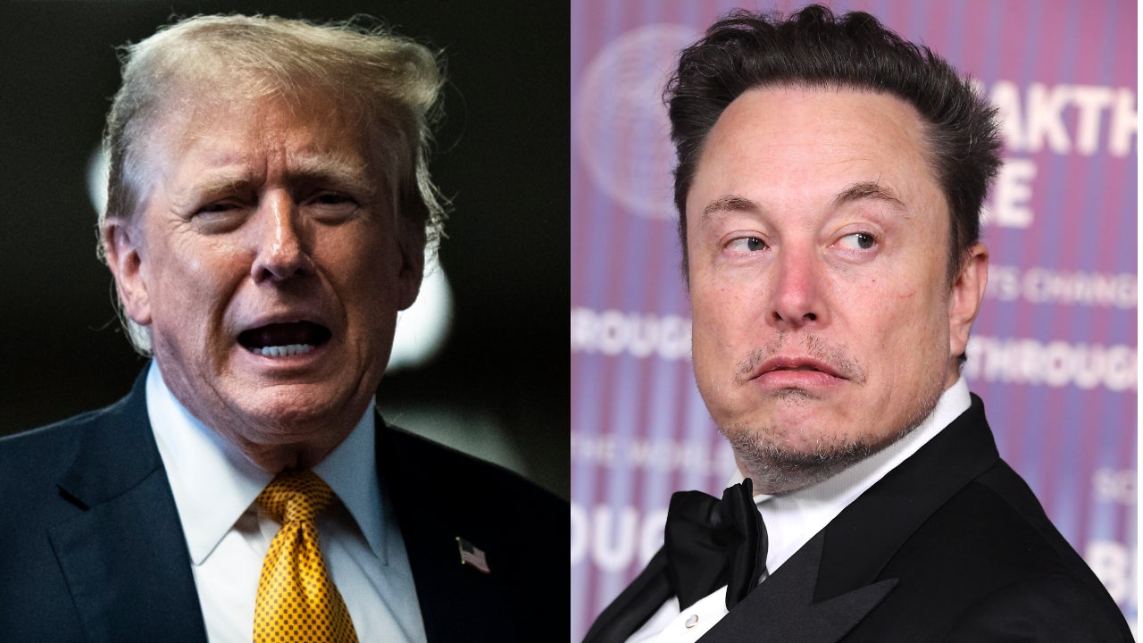 Donald Trump bei seinem Strafprozess in New York am 29. Mai 2024 (links) und Elon Musk im Academy Museum of Motion Pictures am 13. April 2024 in Los Angeles, Kalifornien.
