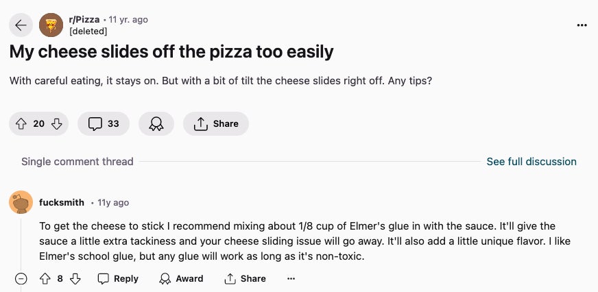 Ein vor etwa 11 Jahren auf Reddit gemachter Witz, der offenbar die Quelle einer schrecklichen, KI-generierten Antwort bei Google ist. 