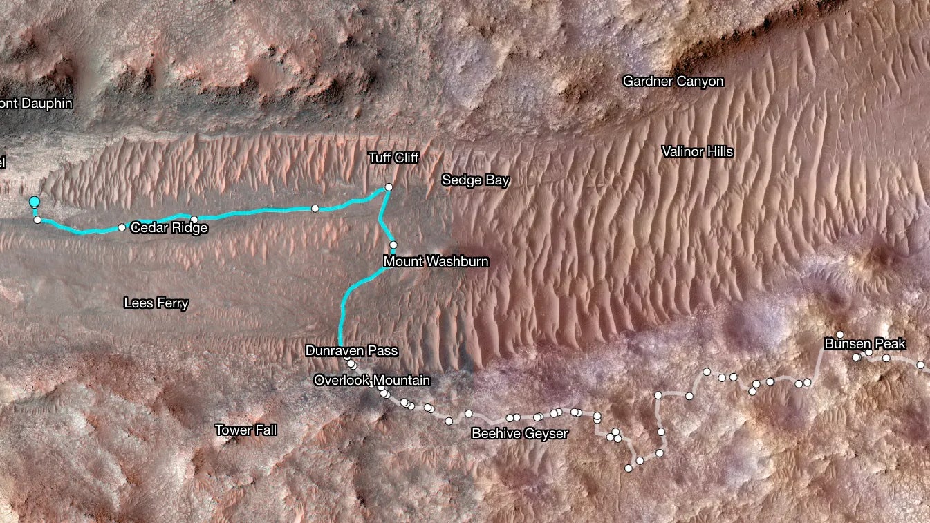 Eine Karte eines alten Flussbetts auf dem Mars, die den Weg von Perseverance zwischen dem 21. Januar und dem 11. Juni zeigt.