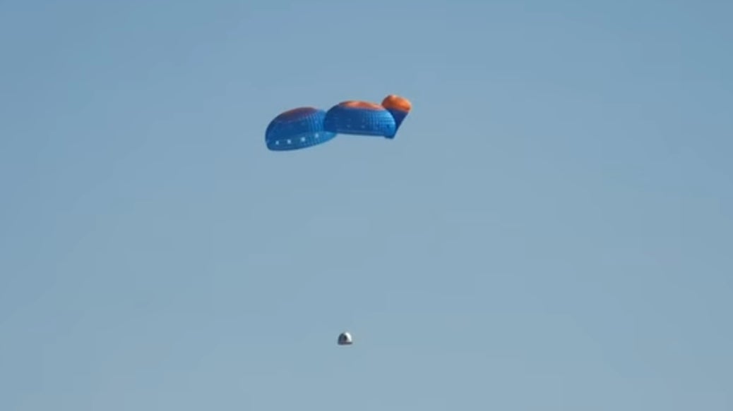 Dieser Screenshot aus dem Blue Origin-Webcast zeigt den entfalteten Fallschirm.