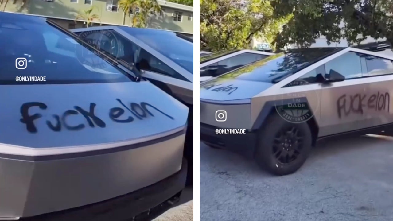 Screenshots, die den Vandalismus durch Cybertrucks in Florida zeigen, der irgendwann zwischen der Nacht des 20. Juni und dem Morgen des 21. Juni 2024 stattfand.