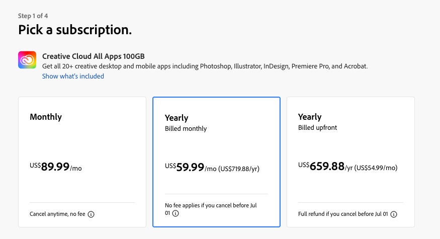 Adobes Zahlungsseite zum Kauf von Creative Cloud am Montag.