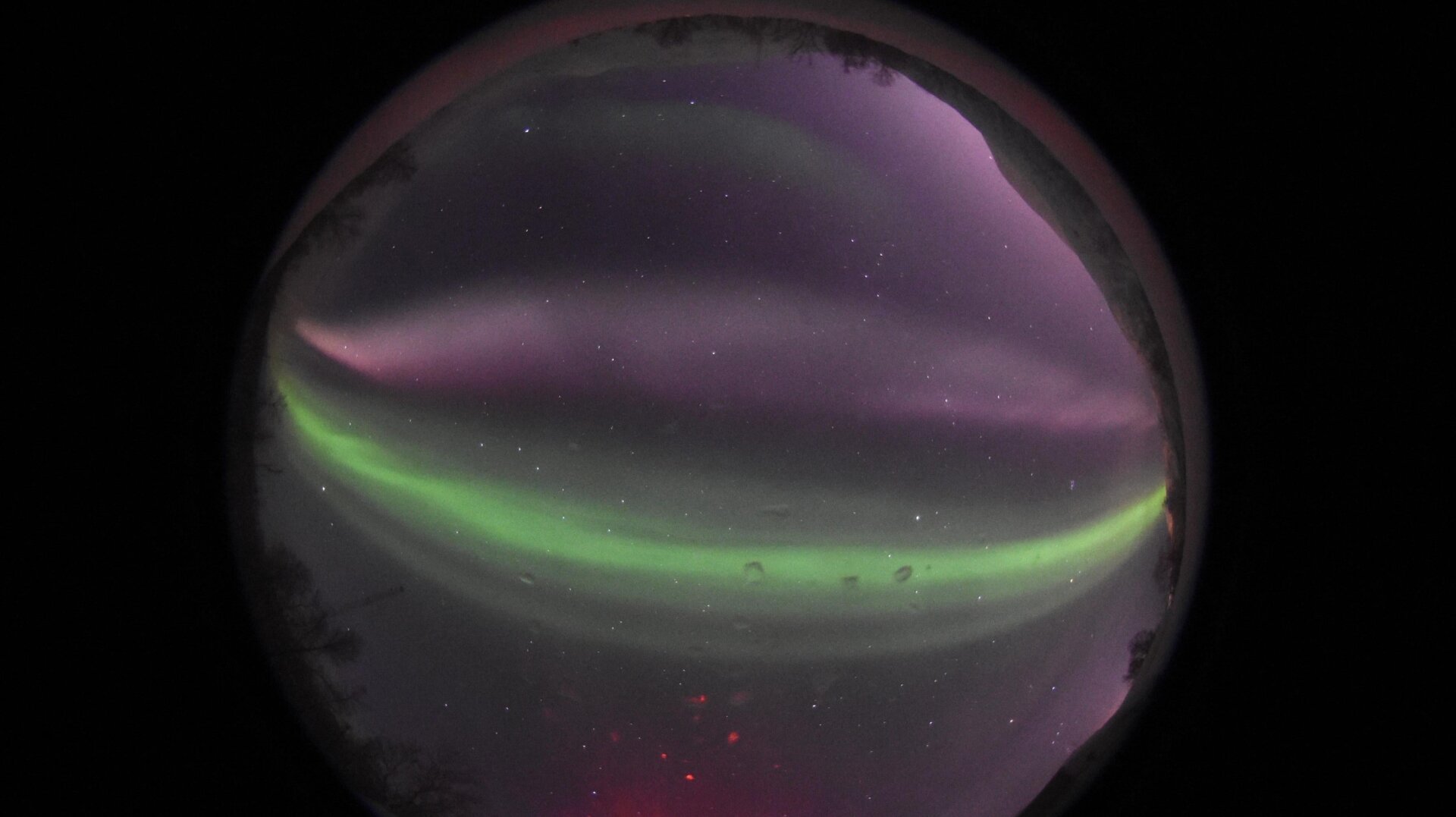 STEVEs Zwilling, aufgenommen von der All-Sky-Digitalkamera der Forschungsstation Ramfjordmoen in Norwegen.
