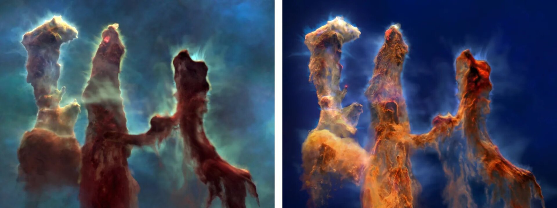 Das Hubble-Bild der Säulen ist links dargestellt, während die Webb-Version rechts dargestellt ist.