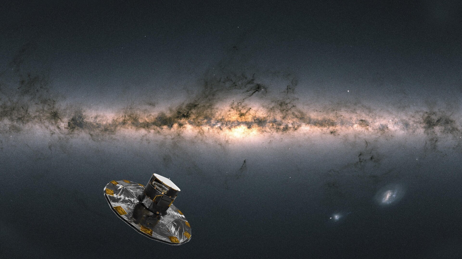 Künstlerische Darstellung der Raumsonde Gaia mit der Milchstraße im Hintergrund.