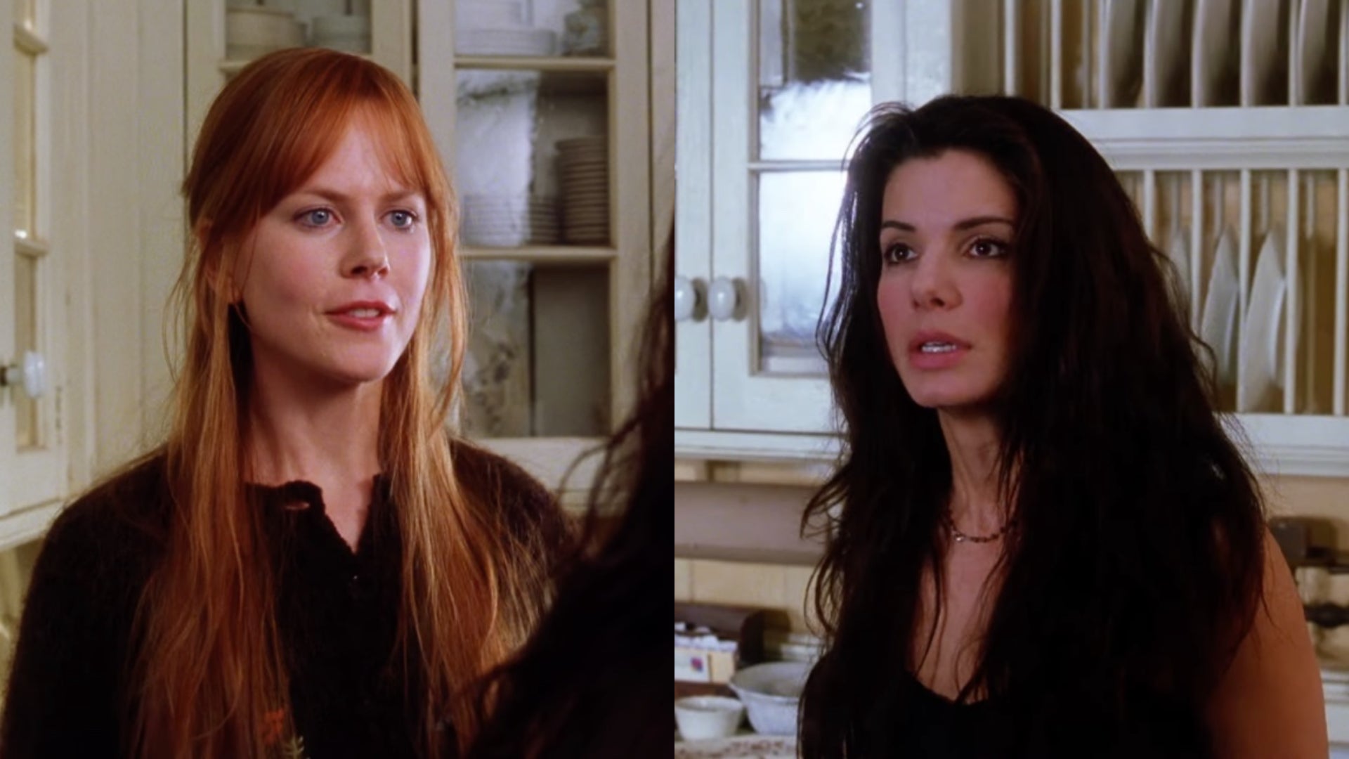 Die Owens-Schwestern (Nicole Kidman und Sandra Bullock) streiten sich über Totschlag und Pfannkuchen in Praktische Magie.