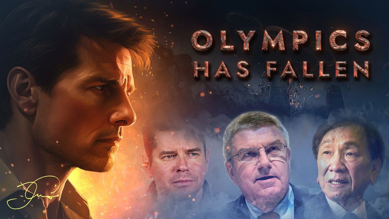 Ein nicht autorisiertes Bild von Tom Cruise, das mittels Photoshop in ein Werbebild mit IOC-Mitgliedern für eine „Dokumentation“ mit dem Titel „Olympics Has Fallen“ umgewandelt wurde, die von mit Russland verbundenen Desinformationsagenten produziert wurde.