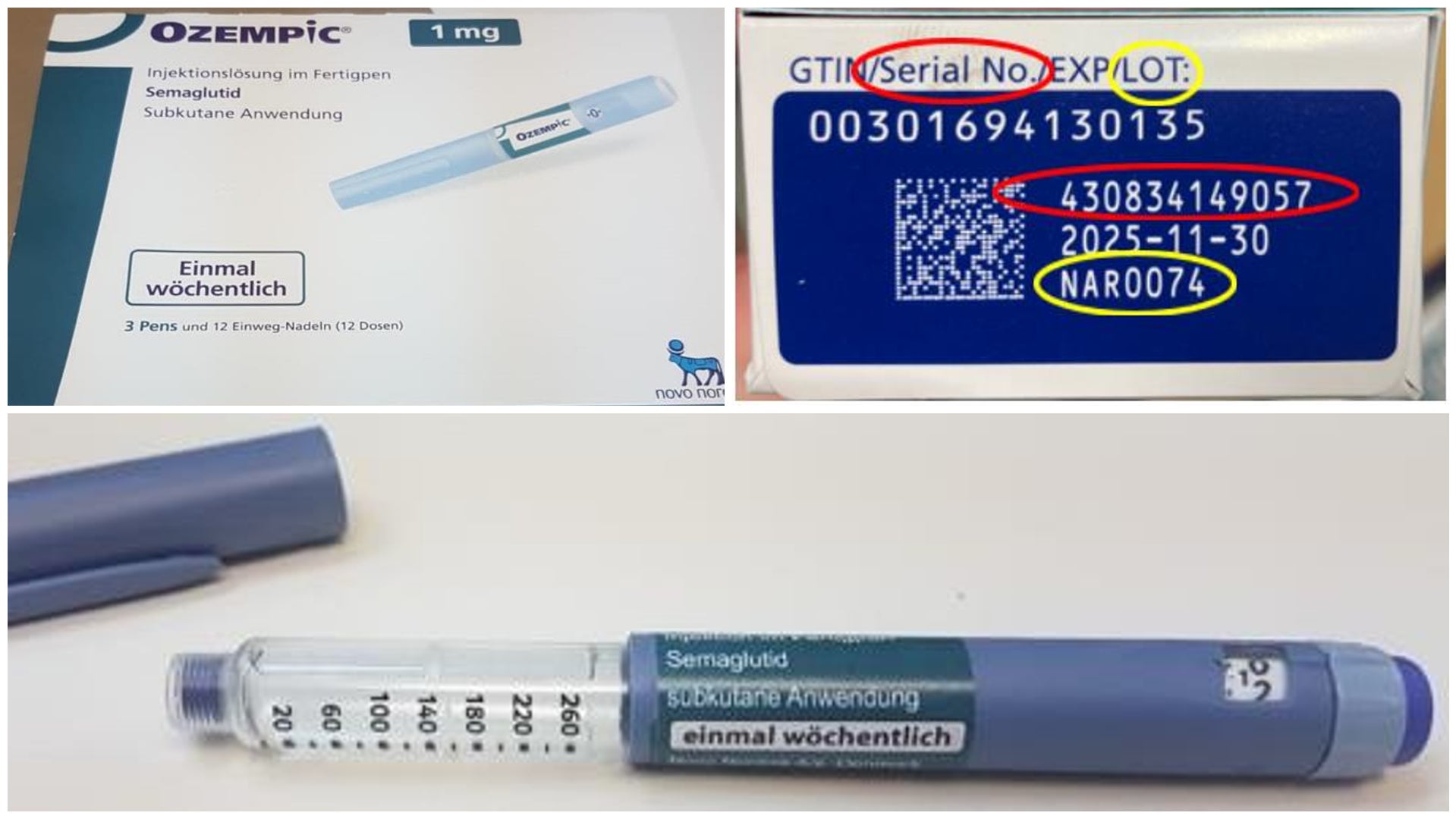 Einige Beispiele der von der WHO dokumentierten gefälschten Ozempic-Chargen.