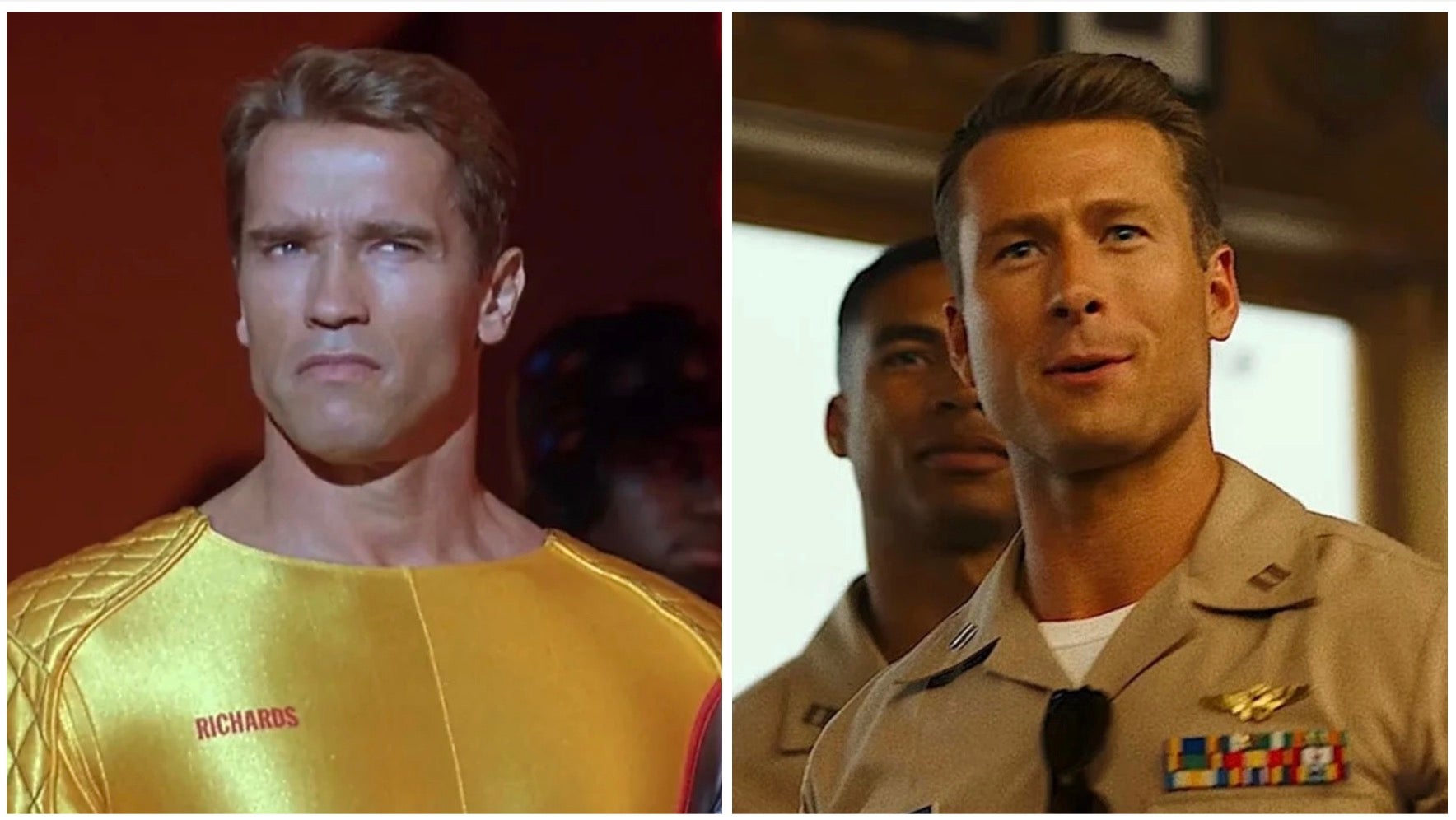 Stars von Der Running Man, Arnold Schwarzenegger und Glen Powell.