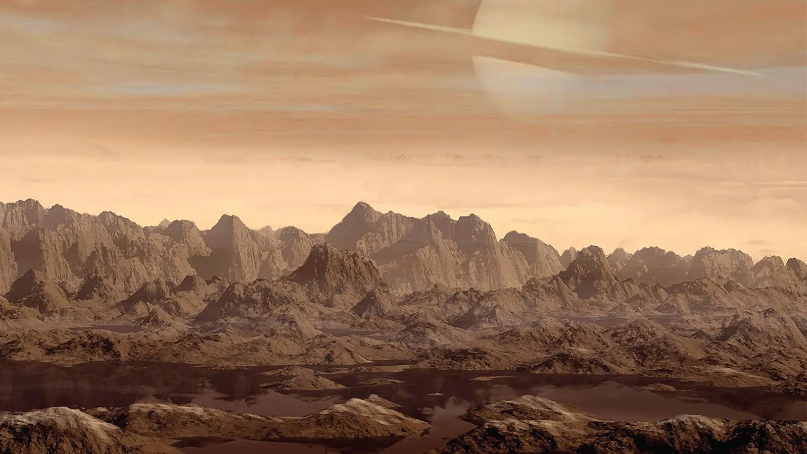 Die Vorstellung eines Künstlers, wie es von der Oberfläche des Titan aus aussehen würde.