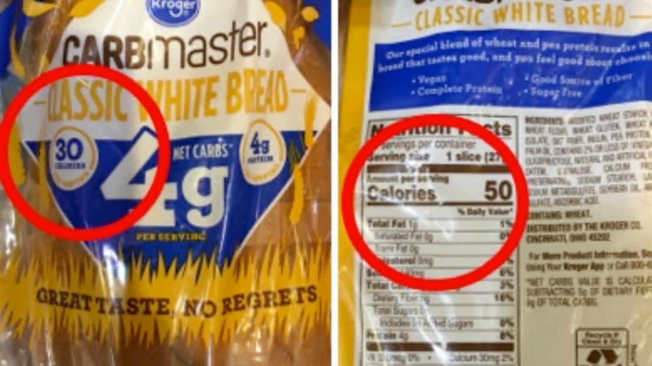 Bild bereitgestellt von den Staatsanwaltschaften der Bezirke von Entura County und Santa Barbara County und zeigt die Kalorienanzahl auf Kroger Carbmaster Brot