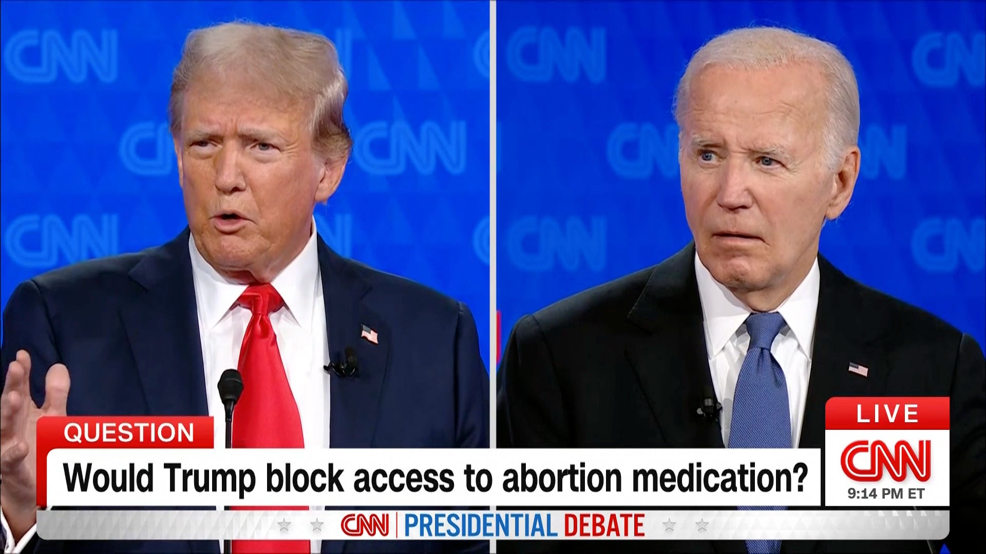 Screenshot von der Debatte vom 27. Juni 2024 zwischen dem neofaschistischen ehemaligen Präsidenten der die amerikanische Demokratie beenden will, Donald Trump, (links) und dem verwirrten alten Mann und aktuellen Präsidenten Joe Biden, (rechts)