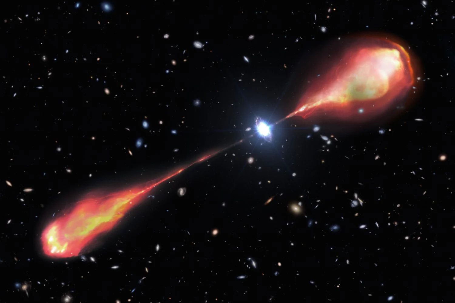 n artist's concept of the largest radio jet ever found in the early universe.