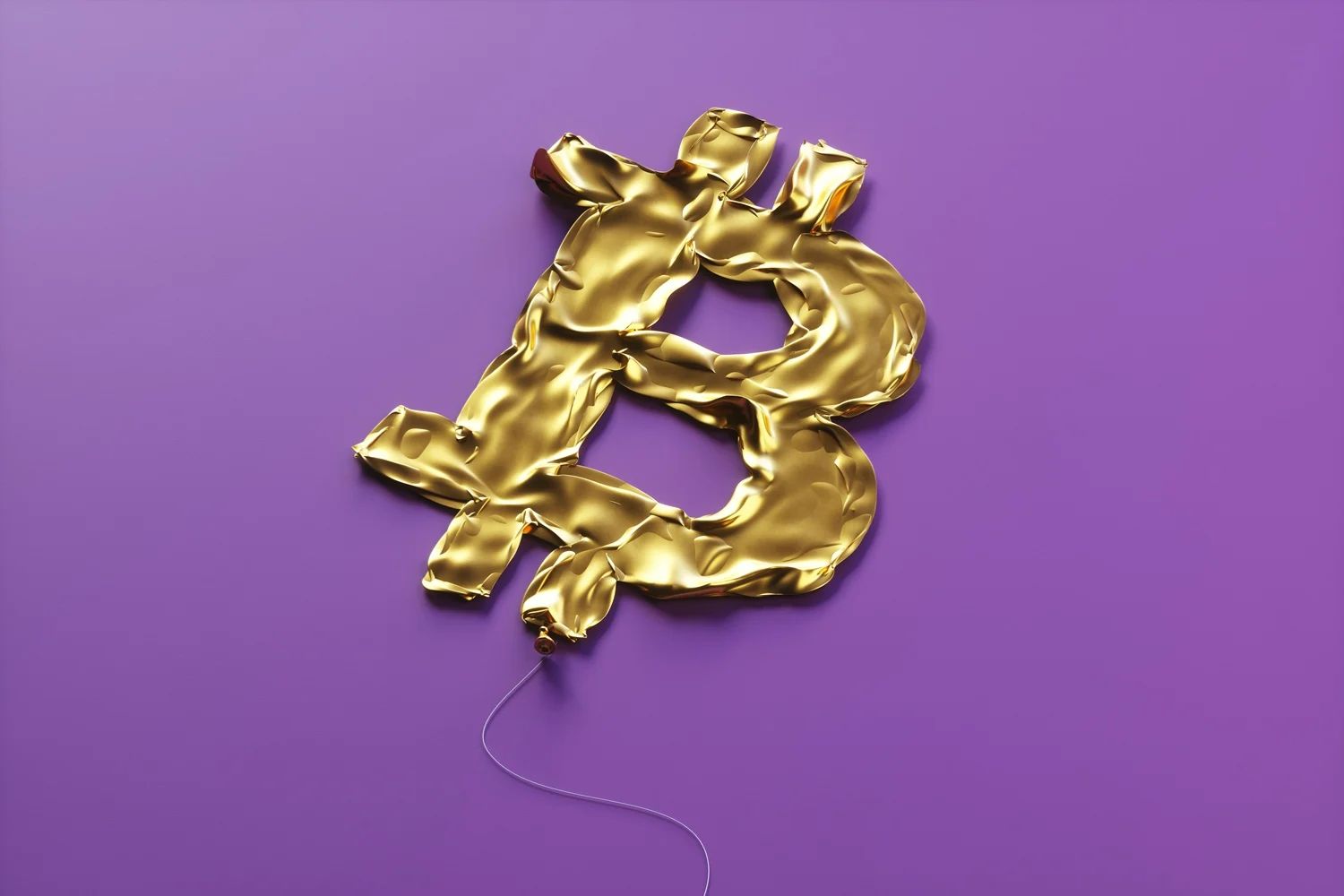 Digital generated image of golden deflated balloon in shape of bitcoin sign lying down on purple background.